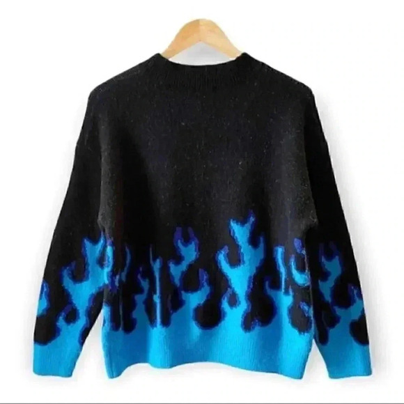 SHEIN Oversized Sweater Crewneck Pullover Flame Print Black Blue Size Small - Picture 3 of 16